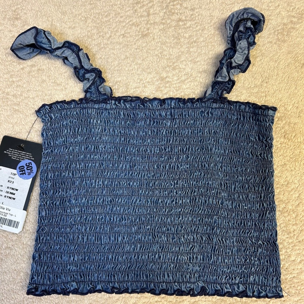 Flowers by Zoe Ellie Viv Denim Smocked Large Juniors Blue Ruffle Crop Cami tube - Picture 6 of 10